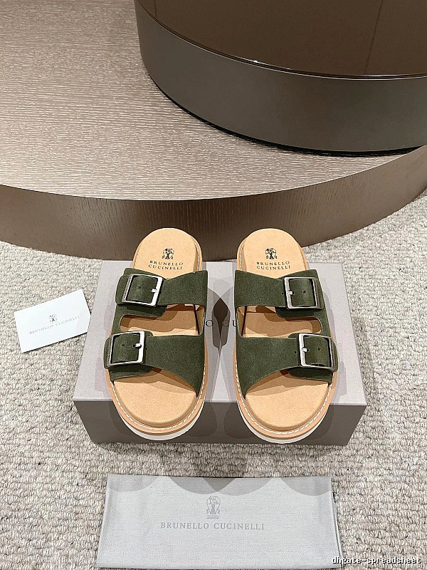 Brunello Cucinelli Casual Style Army Green Double-Buckle Slide Sandals
