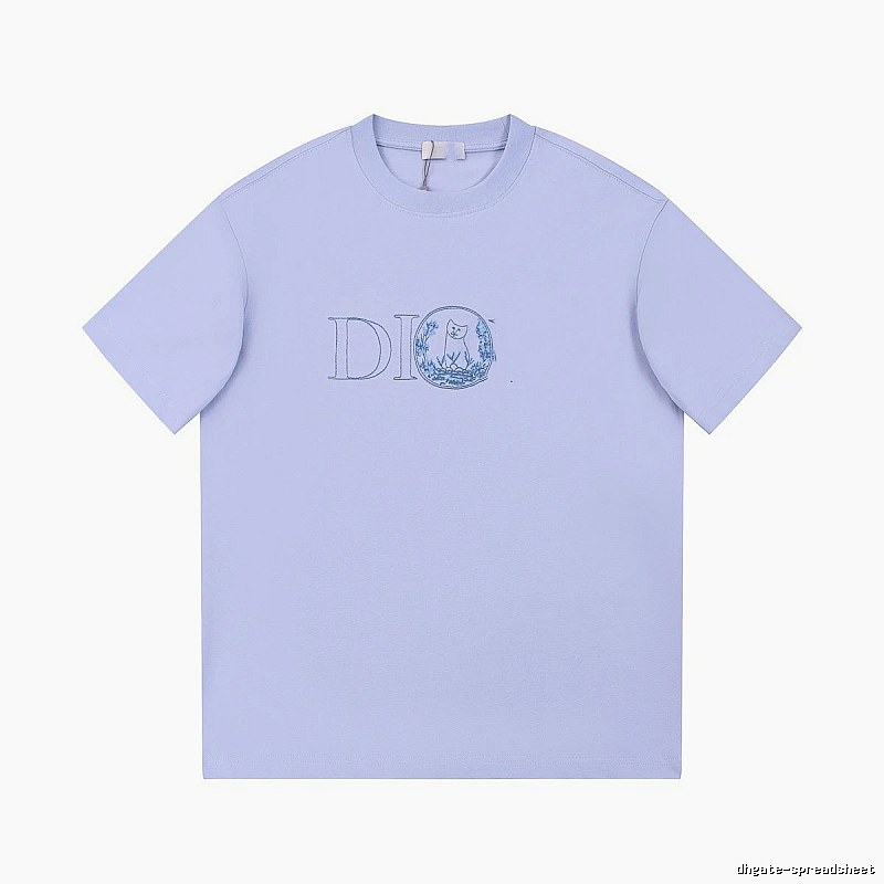 Dior Cat-Embroidered Casual Light Purple Short-sleeve T-Shirt