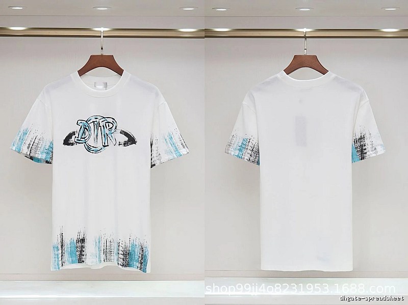 Dior Graffiti Collection Street Style White and Blue Short-sleeve T-shirt