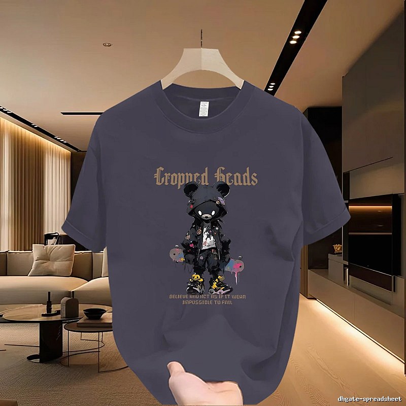 Streetwear Brand Dark Grey Street-style Short Sleeve T-shirt with Bear Print