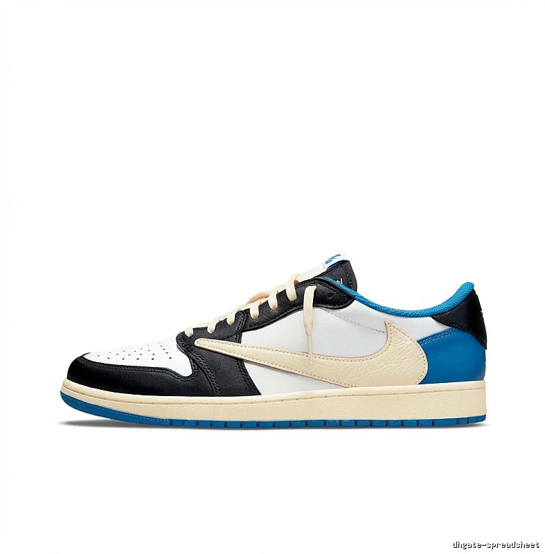 Trendy black, white and blue Air Jordan 1 sneakers.